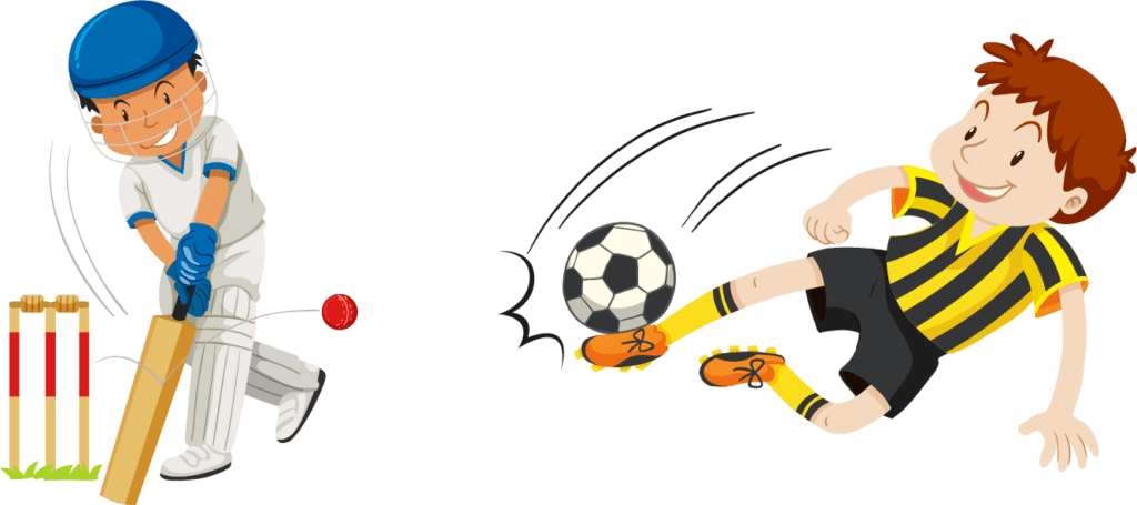cartoon images of a young boy playing cricket and a young boy playing soccer